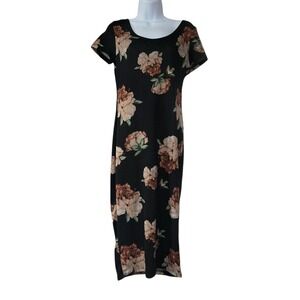 Vibe Sportswear Womens Maxi Dress Brown‎ M Floral Stretch Round Neck Side Slit